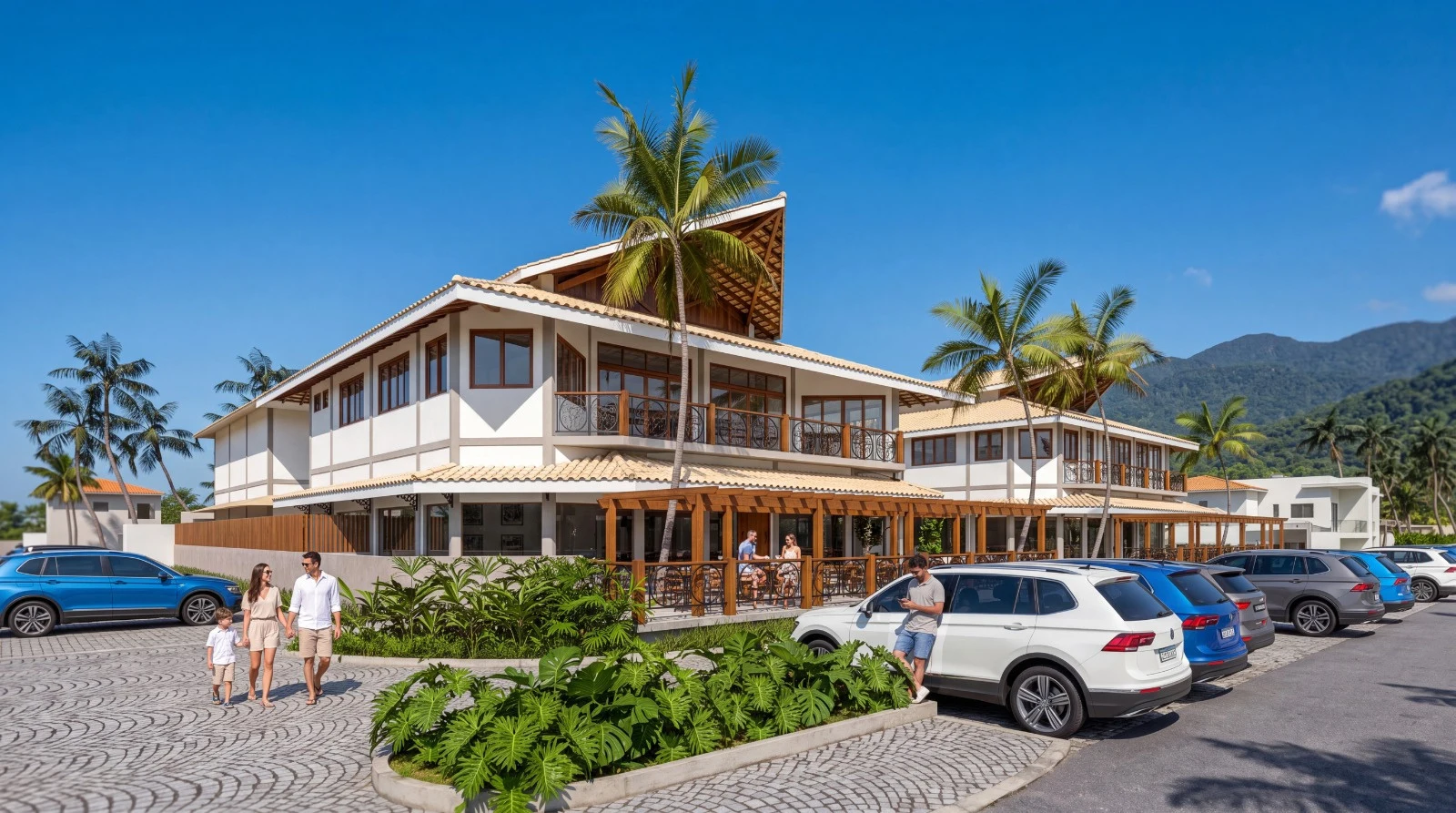 Perspectiva externa do Villa Mares com estacionamento, jardins e arquitetura do empreendimento