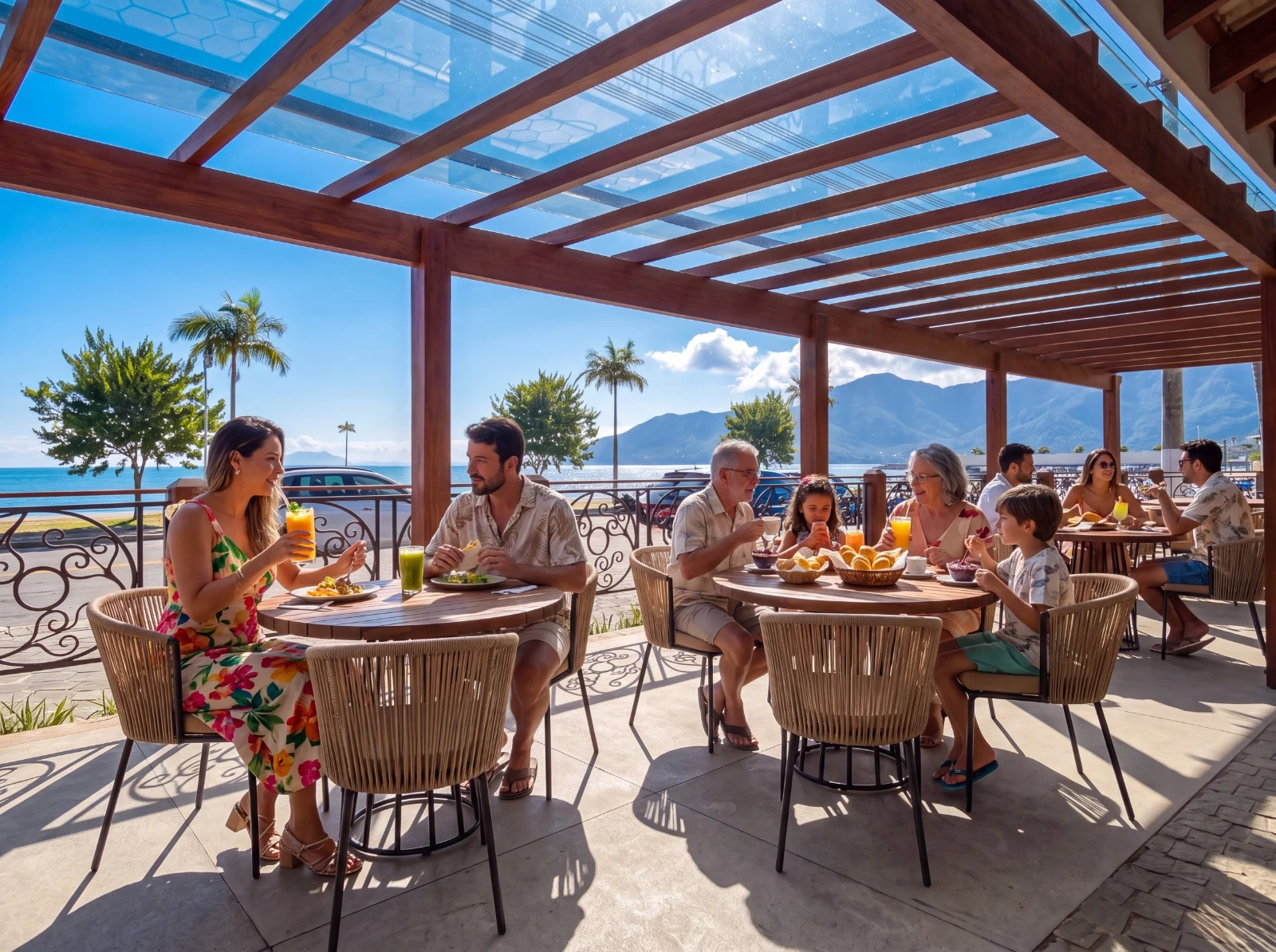 Perspectiva de um ambiente de gastronomia com mesas, pergolado e vista para o mar